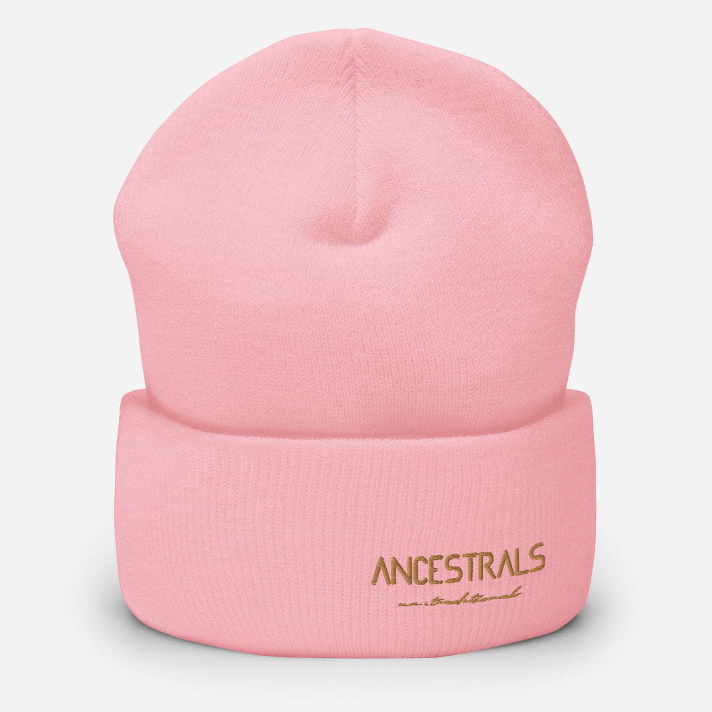 Gorro con borde vuelto "Ancestrals, texto oro viejo" Baby Pink