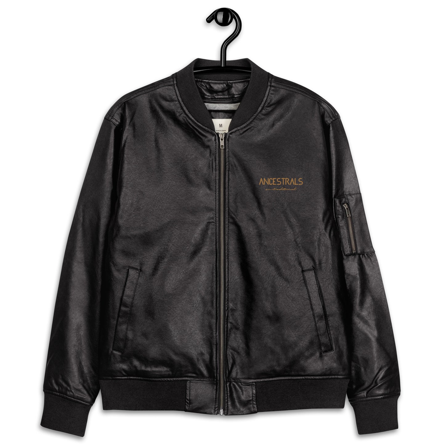 Chaqueta bomber piel vegana "Ancestrals, texto oro viejo" Negro