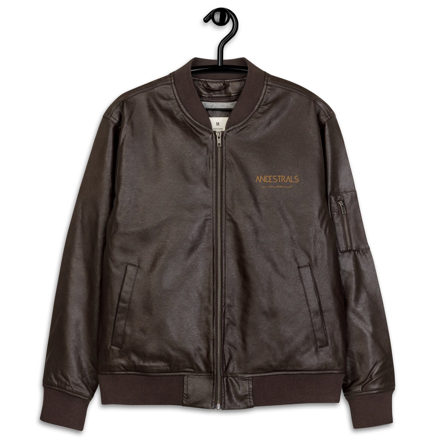 Chaqueta bomber piel vegana "Ancestrals, texto oro viejo" Marrón