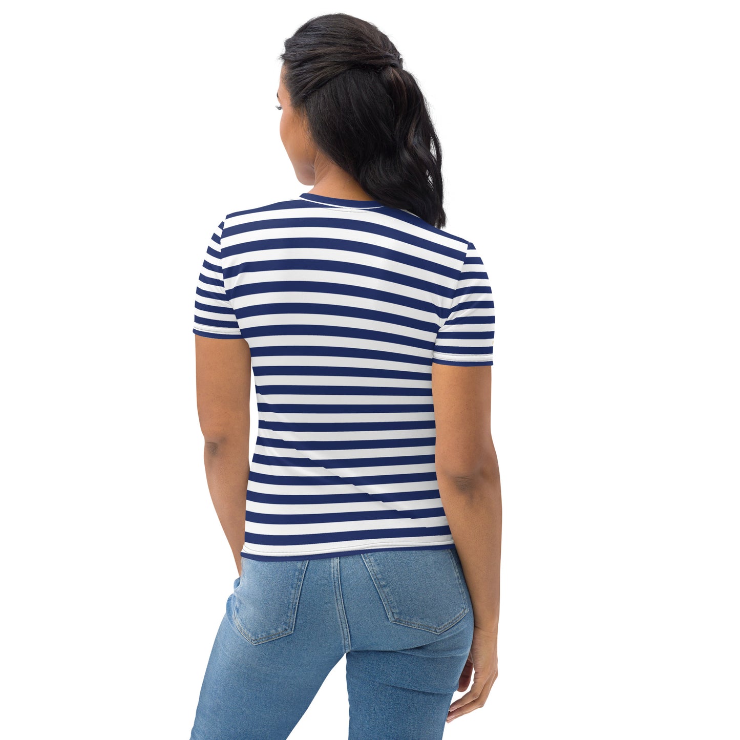 Women's T-shirt "Ancestrals, Navy Blue and White Lines."