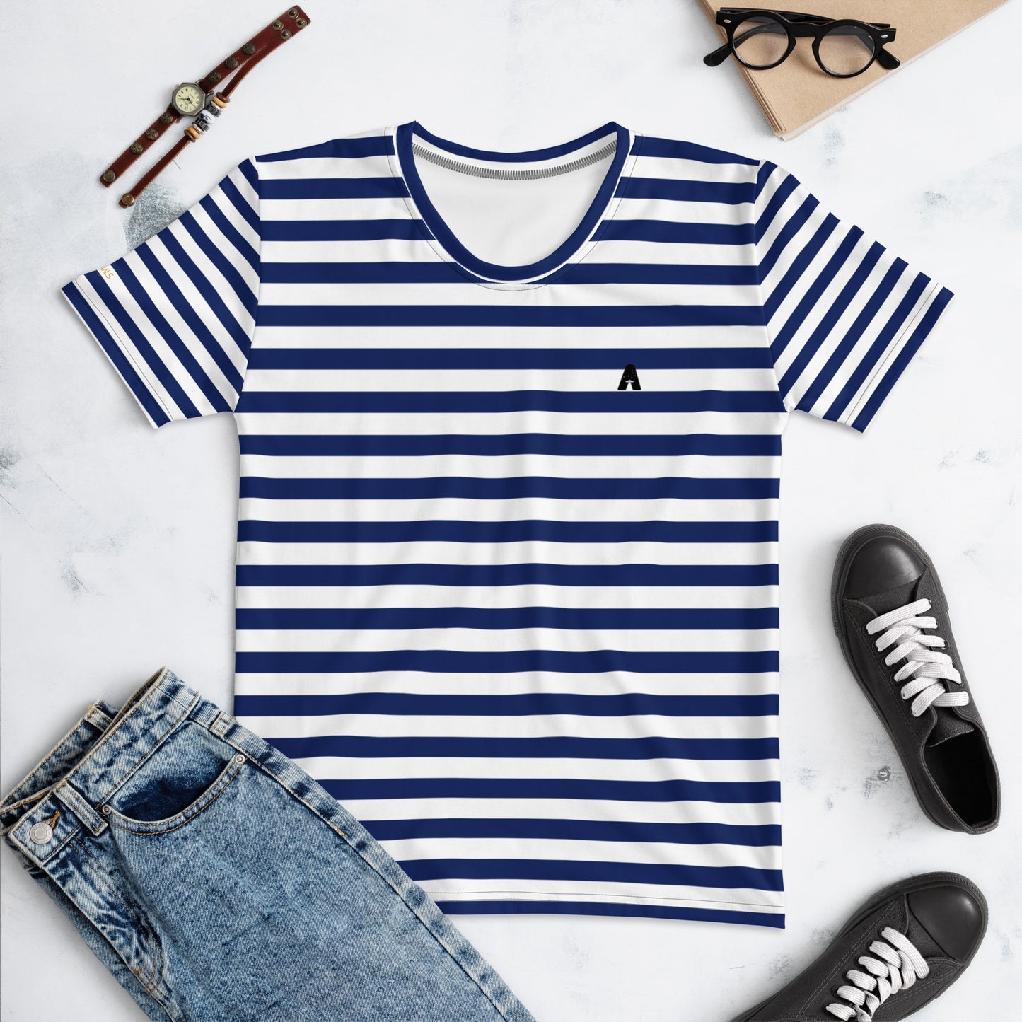 Women's T-shirt "Ancestrals, Navy Blue and White Lines."