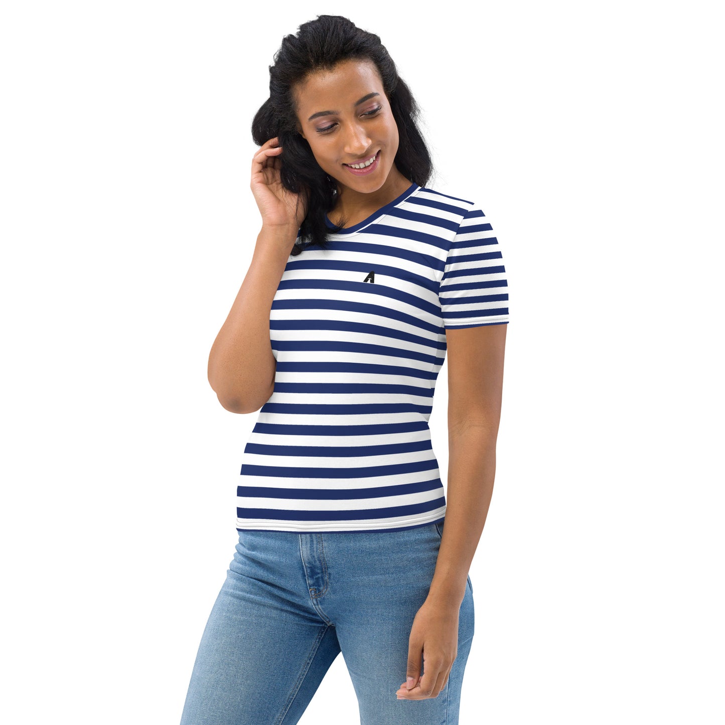 Women's T-shirt "Ancestrals, Navy Blue and White Lines."