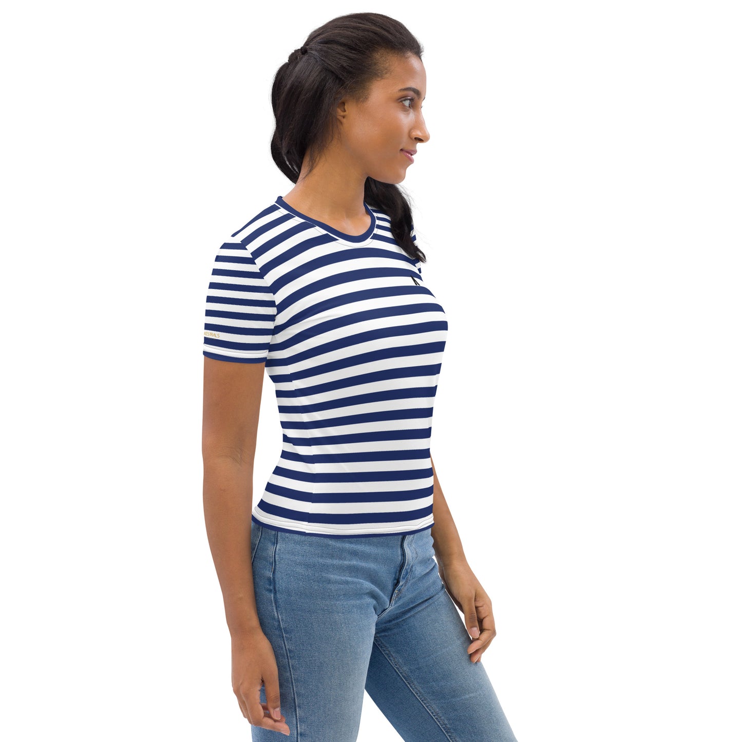 Women's T-shirt "Ancestrals, Navy Blue and White Lines."