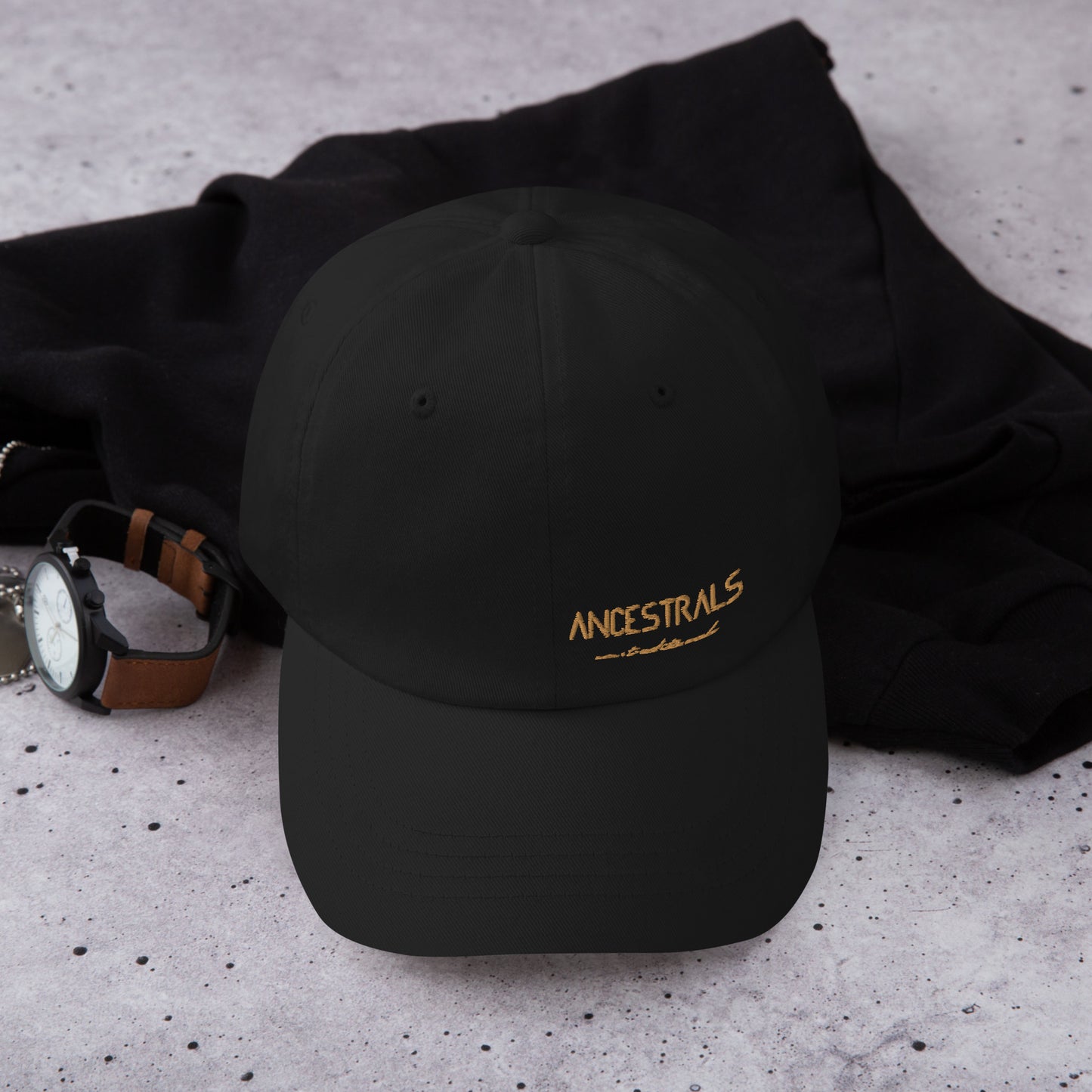 Dad hat "Ancestrals, old gold text"