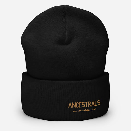 "Ancestrals, old gold text" cuffed brim hat