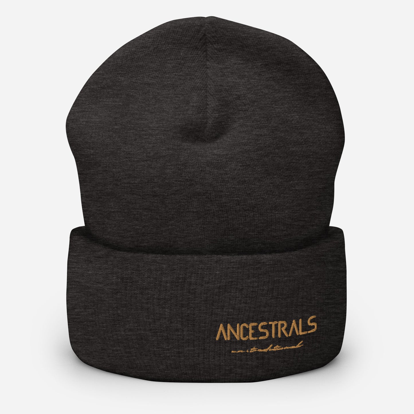 "Ancestrals, old gold text" cuffed brim hat