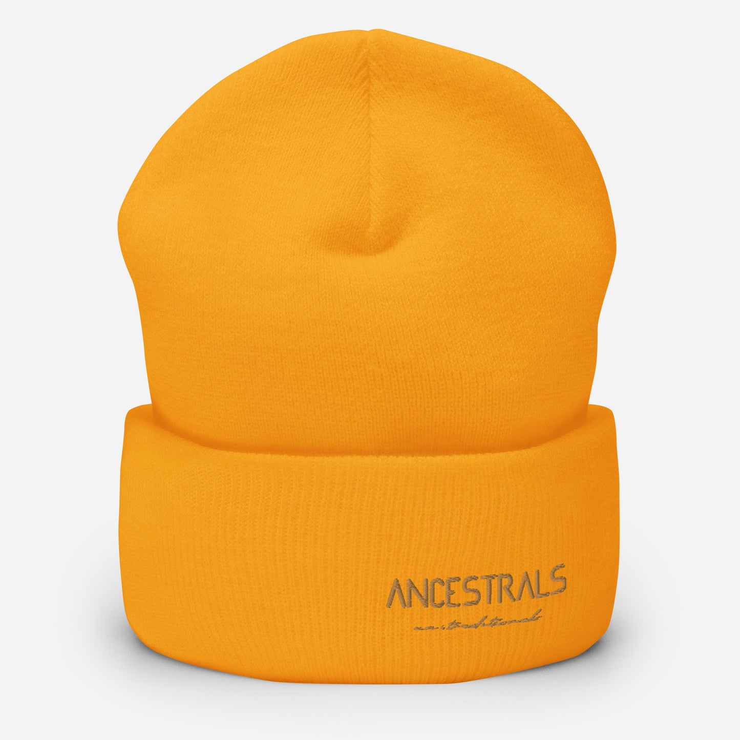 "Ancestrals, old gold text" cuffed brim hat