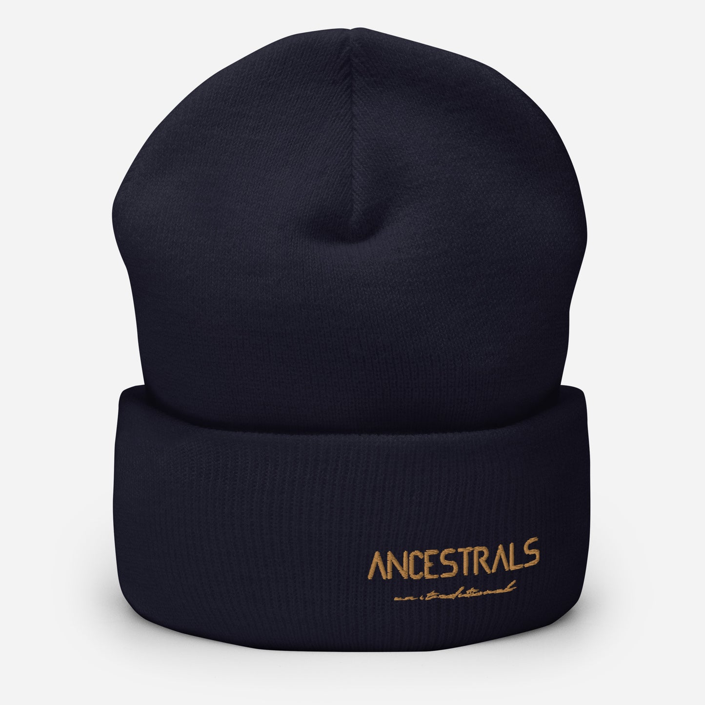 "Ancestrals, old gold text" cuffed brim hat