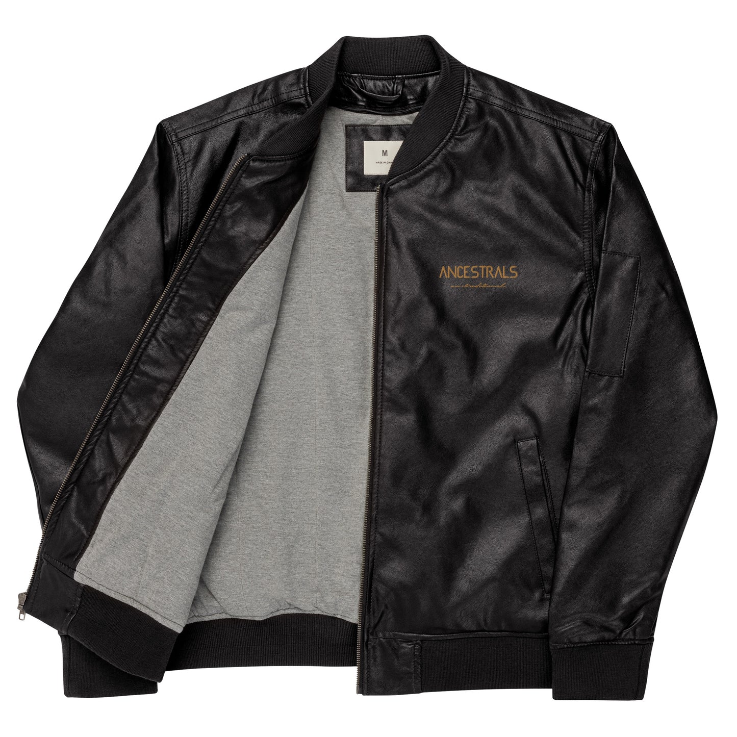 Vegan leather bomber jacket "Ancestrals, old gold text"