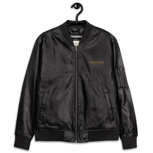 Vegan leather bomber jacket "Ancestrals, old gold text"