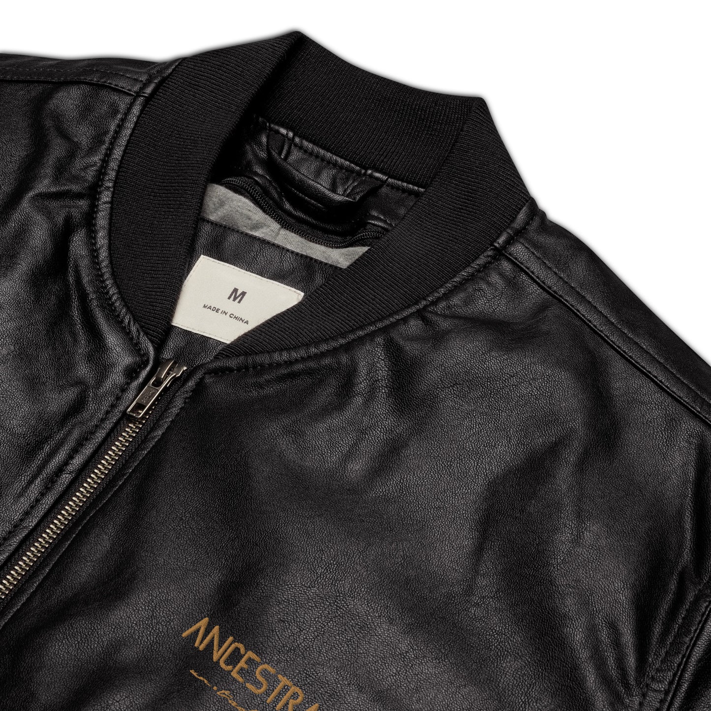 Vegan leather bomber jacket "Ancestrals, old gold text"