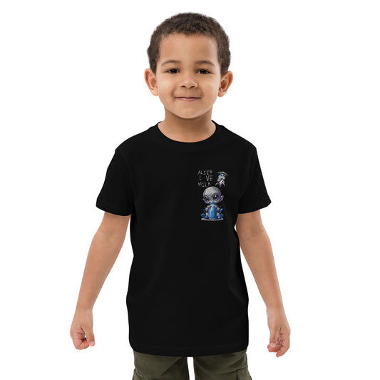 Kinder-T-Shirt aus Bio-Baumwolle „Aliens Love Milk, Stickerei auf der linken Brust“