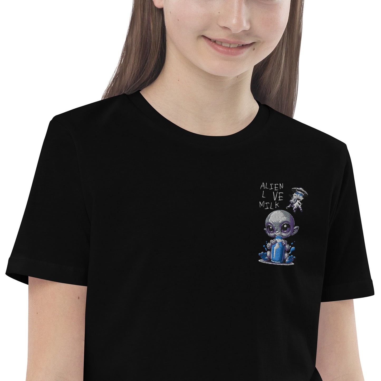 Kinder-T-Shirt aus Bio-Baumwolle „Aliens Love Milk, Stickerei auf der linken Brust“