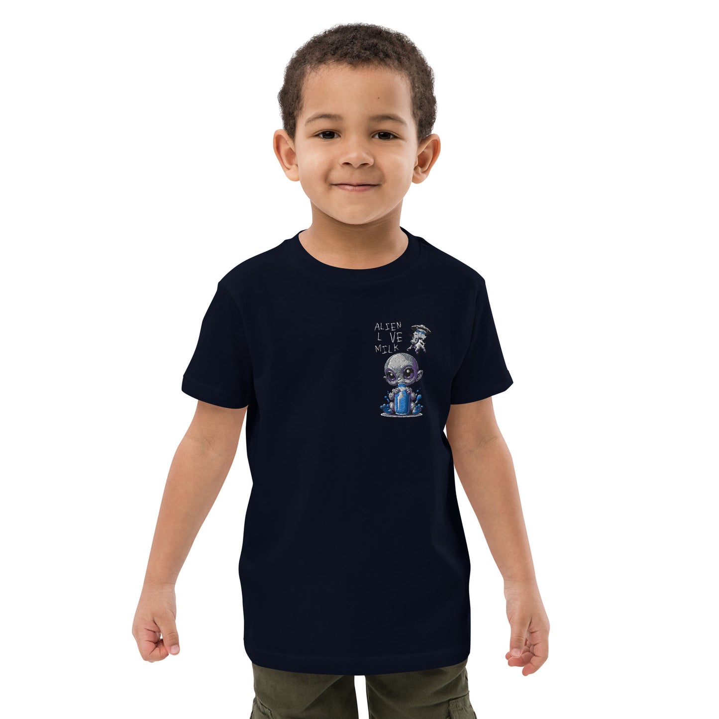 Camiseta algodón orgánico niño "aliens love milk, bordado pecho izquierdo"