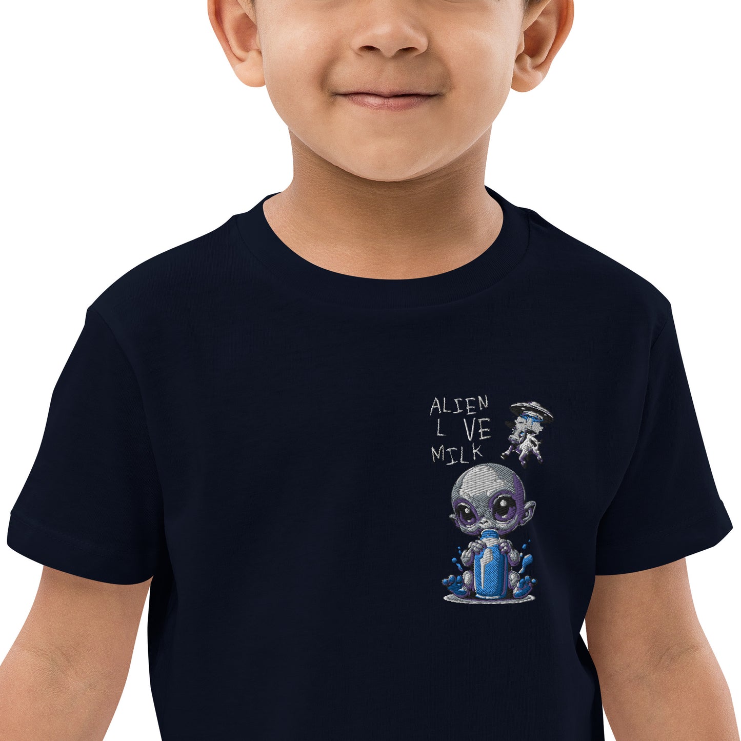 Kinder-T-Shirt aus Bio-Baumwolle „Aliens Love Milk, Stickerei auf der linken Brust“