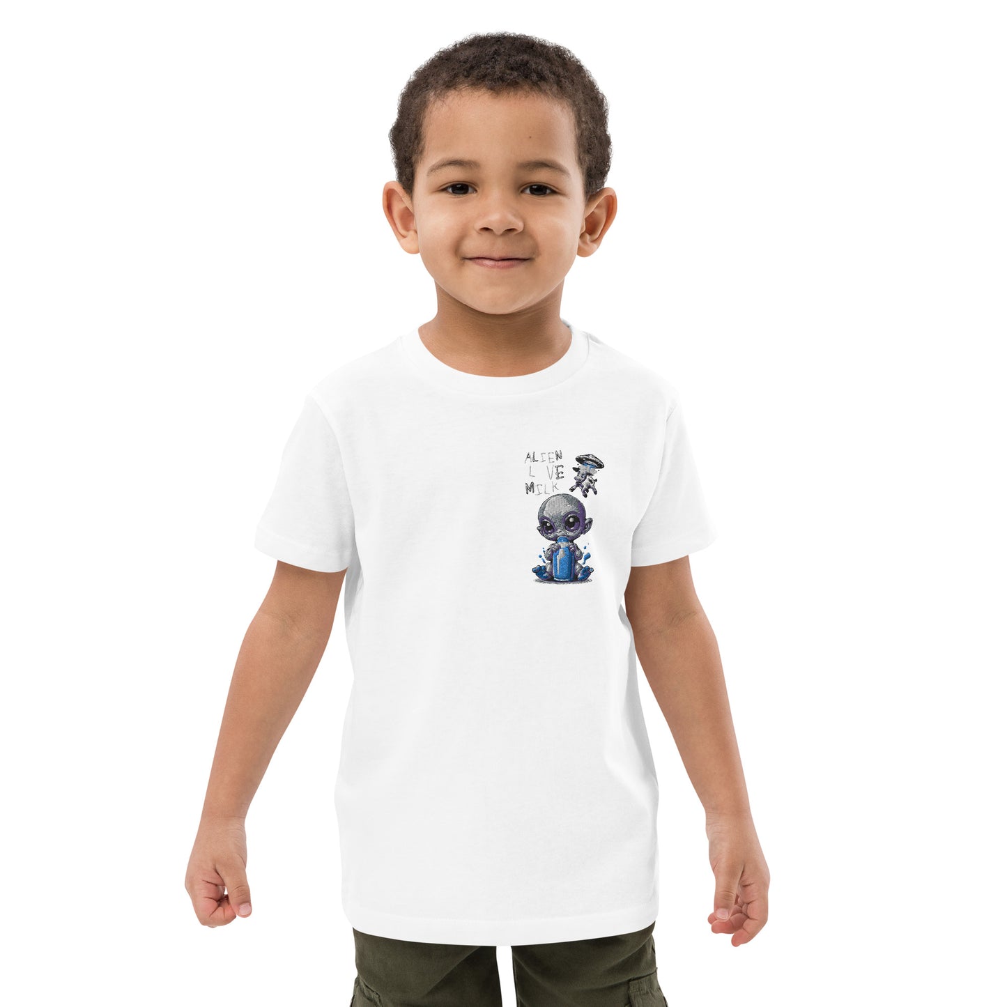 Camiseta algodón orgánico niño "aliens love milk, bordado pecho izquierdo"