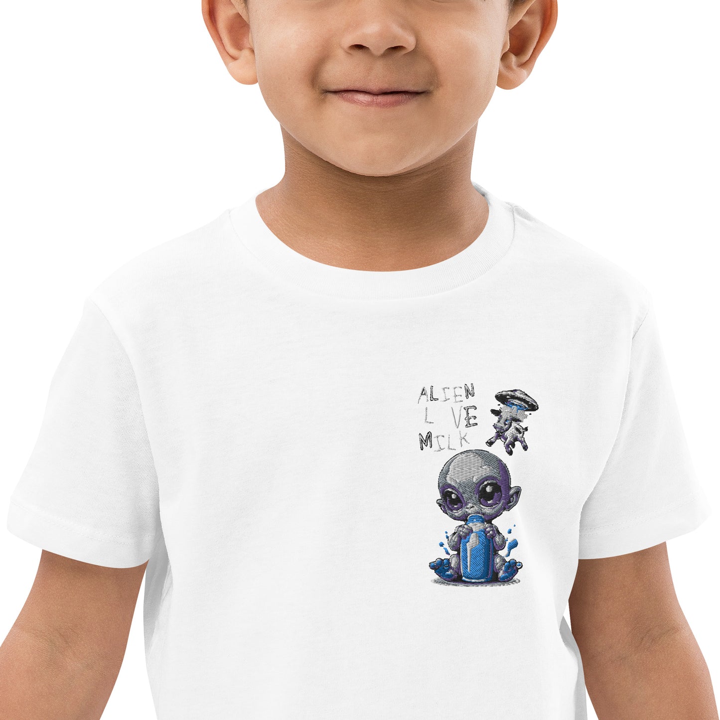 Kinder-T-Shirt aus Bio-Baumwolle „Aliens Love Milk, Stickerei auf der linken Brust“