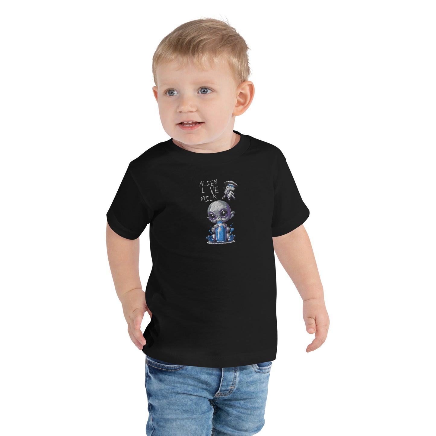 Kurzarm-T-Shirt für Kinder 2–5 Jahre „Aliens lieben Milch, bestickt in der Mitte der Brust“