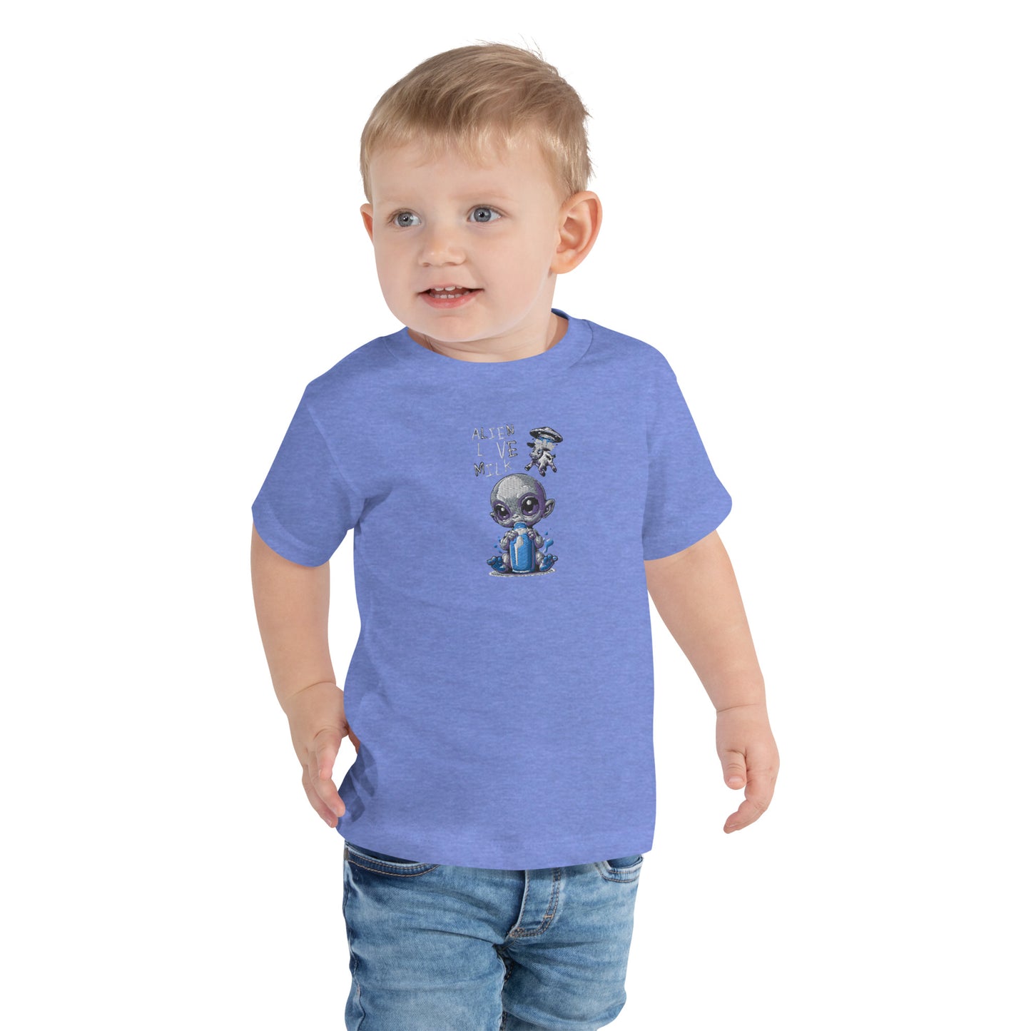 Kurzarm-T-Shirt für Kinder 2–5 Jahre „Aliens lieben Milch, bestickt in der Mitte der Brust“