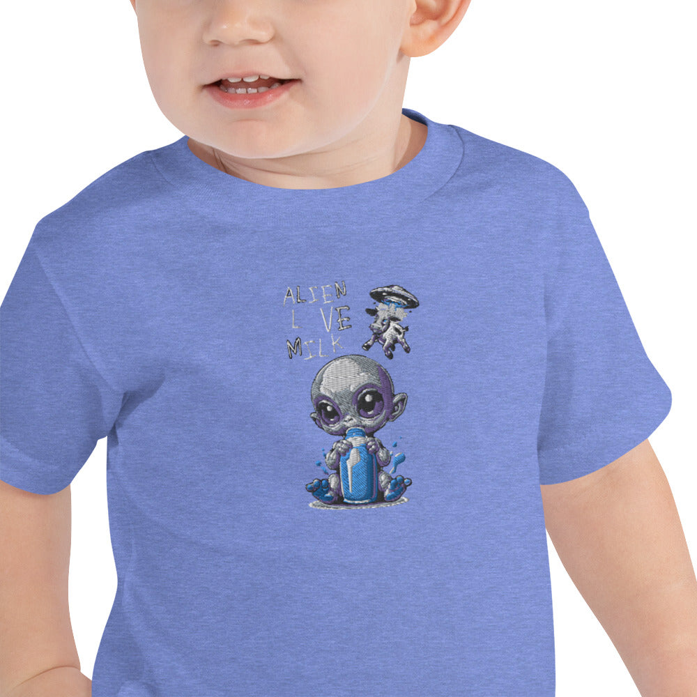 Kurzarm-T-Shirt für Kinder 2–5 Jahre „Aliens lieben Milch, bestickt in der Mitte der Brust“