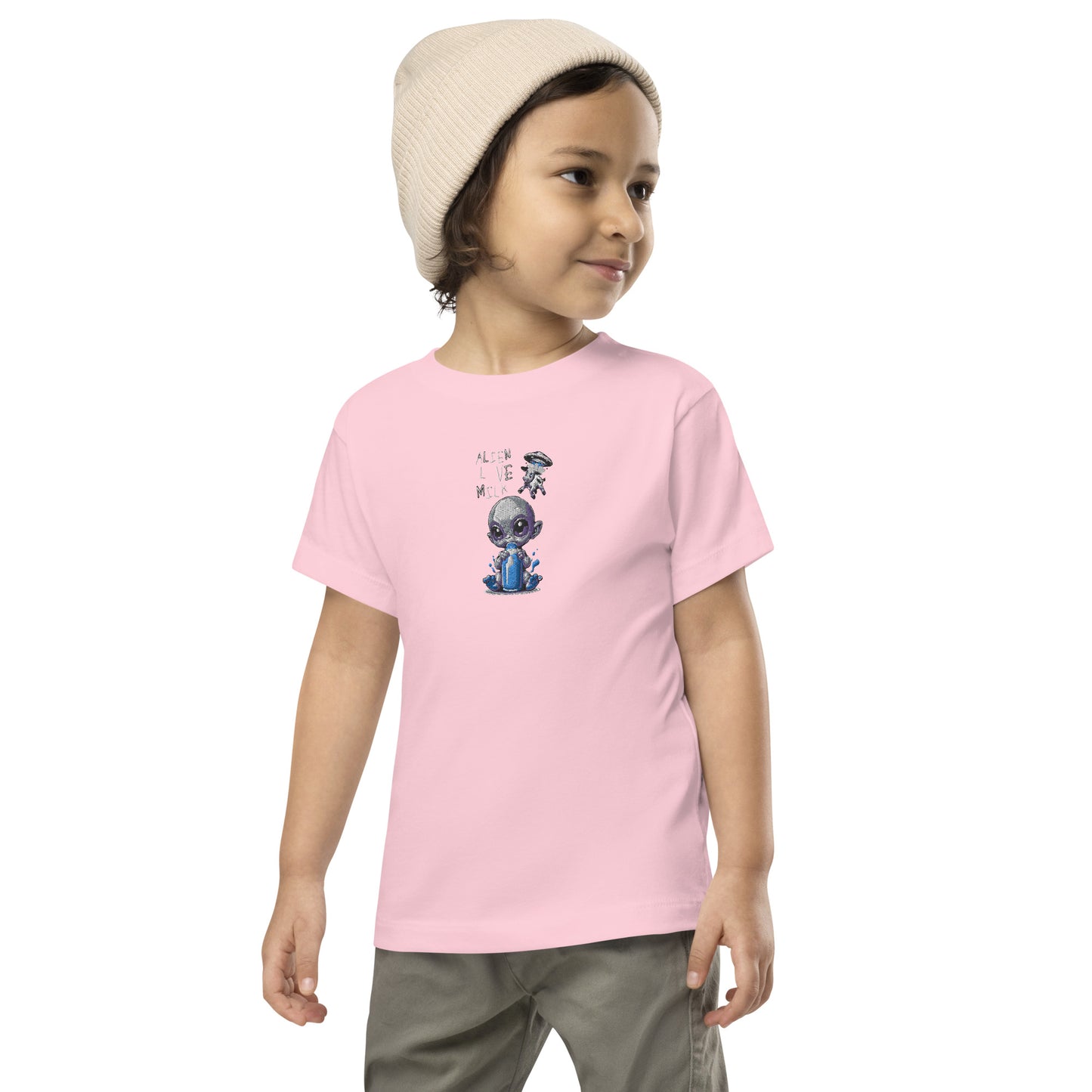 Camiseta de manga corta para niños 2-5 años "aliens love milk, bordado centro pecho"