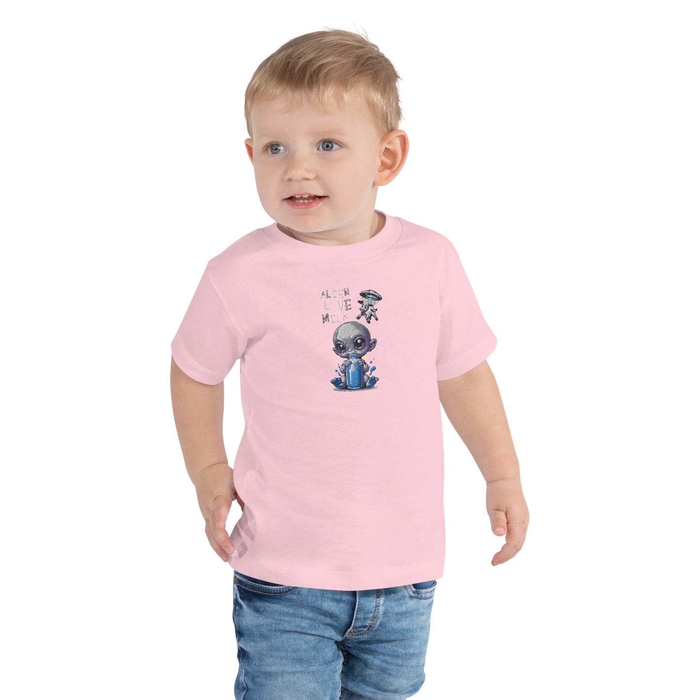 Kurzarm-T-Shirt für Kinder 2–5 Jahre „Aliens lieben Milch, bestickt in der Mitte der Brust“