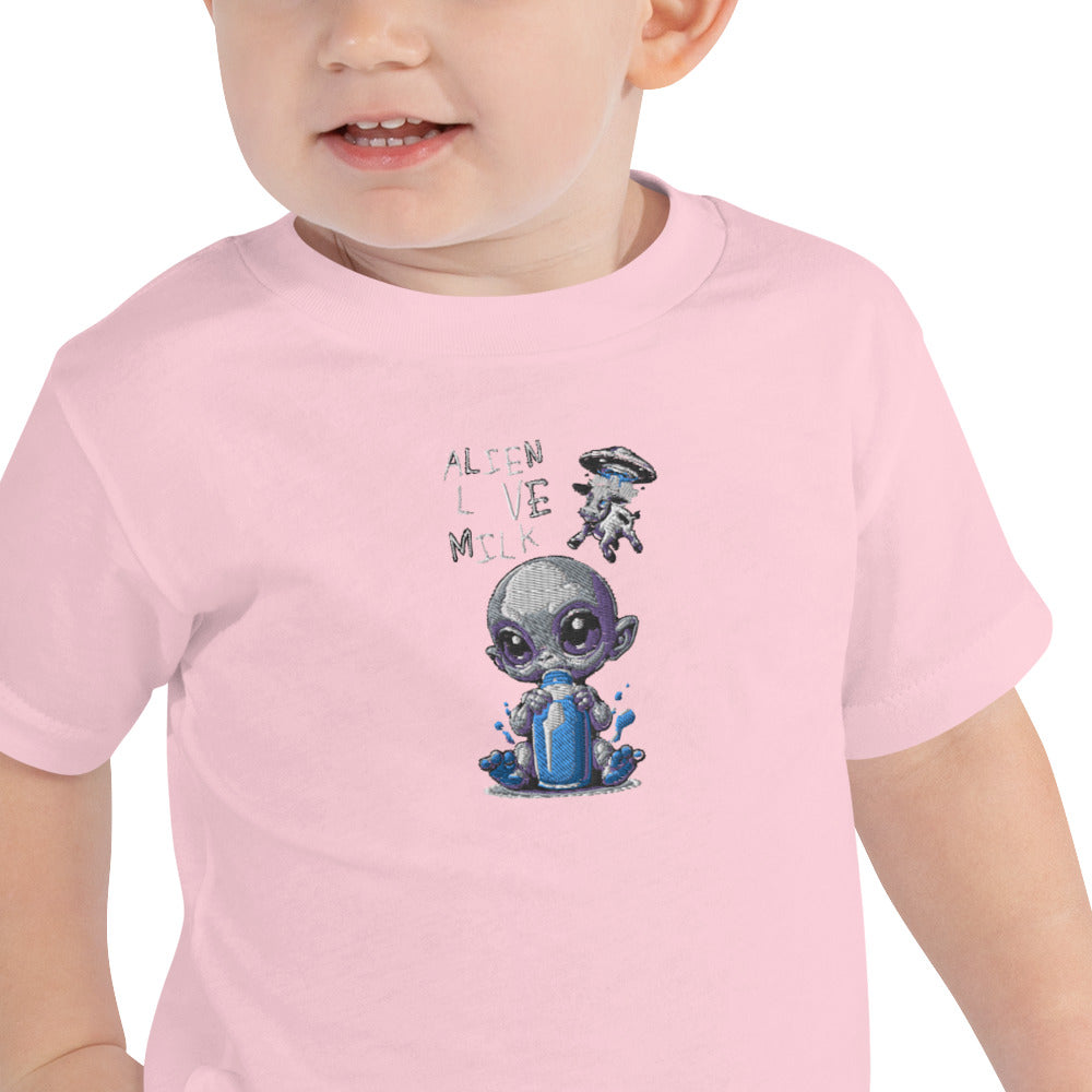 Camiseta de manga corta para niños 2-5 años "aliens love milk, bordado centro pecho"