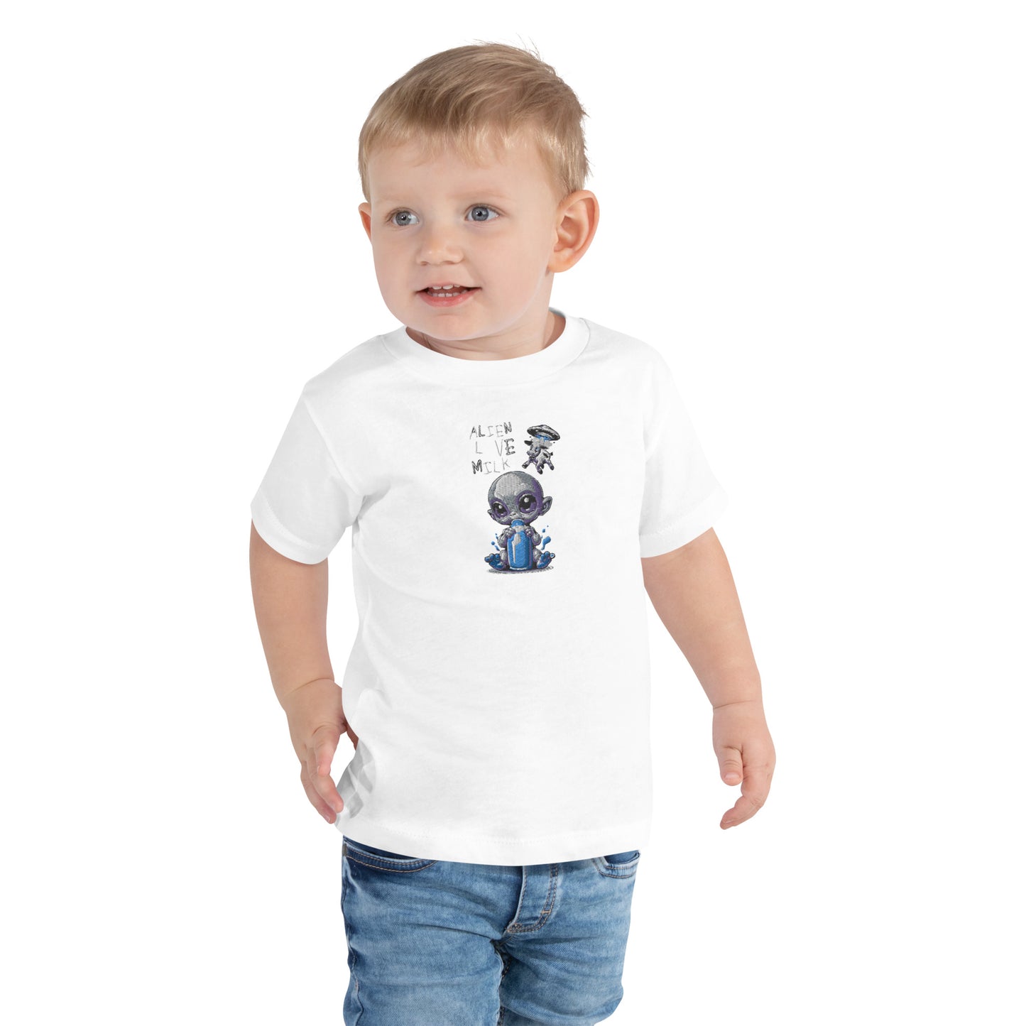 Camiseta de manga corta para niños 2-5 años "aliens love milk, bordado centro pecho"