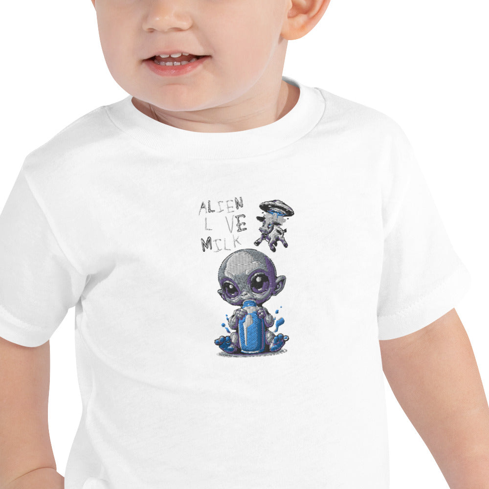 Camiseta de manga corta para niños 2-5 años "aliens love milk, bordado centro pecho"