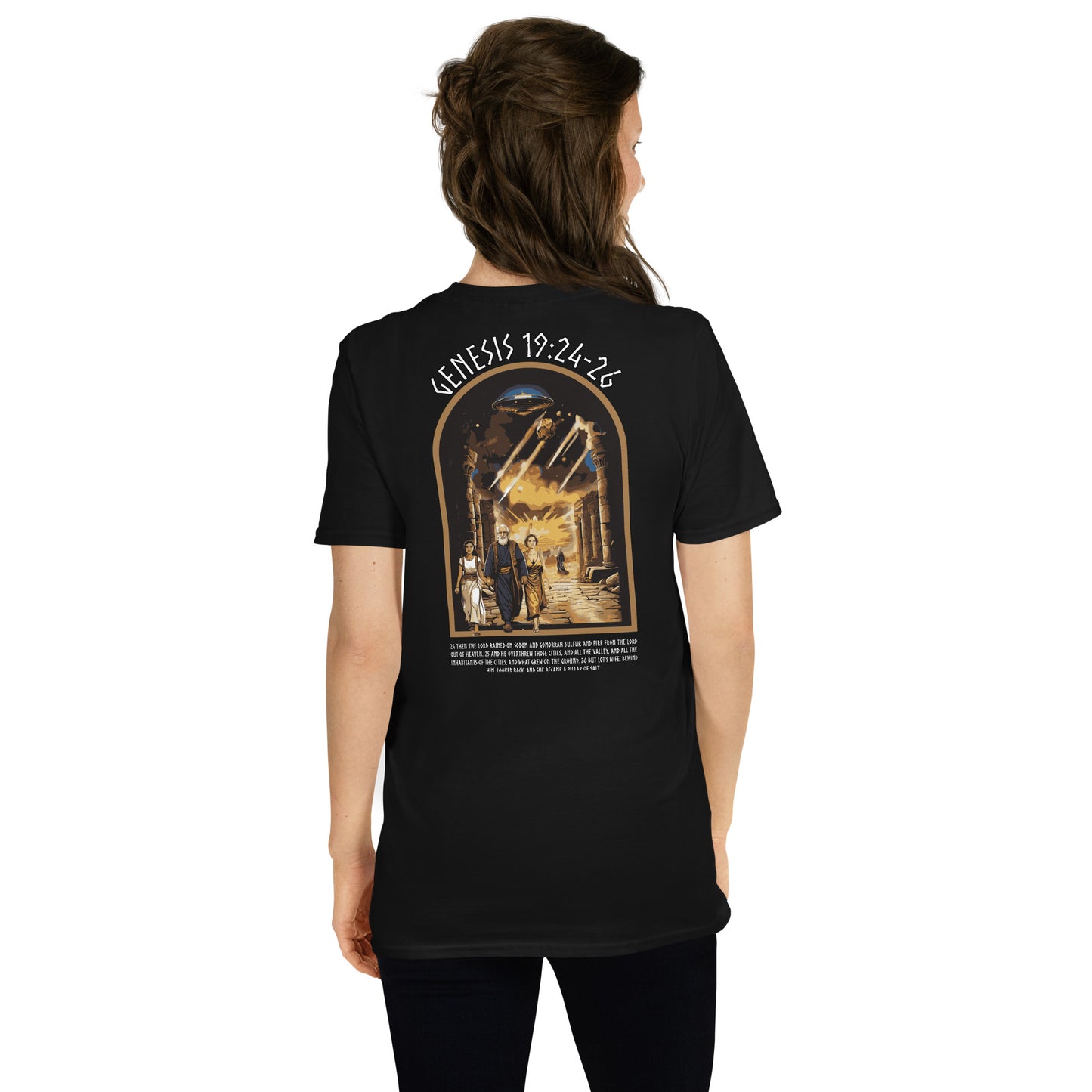 Genesis 19:24-26 „Englischer Text“ Unisex-Kurzarm-T-Shirt