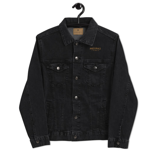 Chaqueta denim unisex "Ancestrals, texto oro viejo"