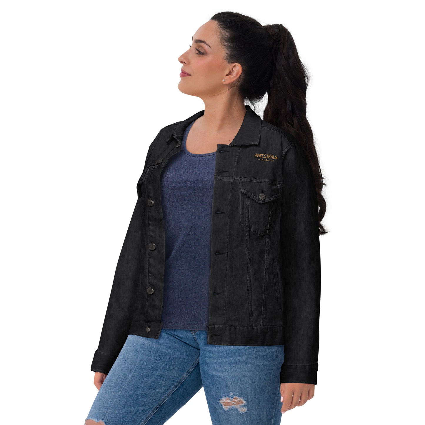 Chaqueta denim unisex "Ancestrals, texto oro viejo"