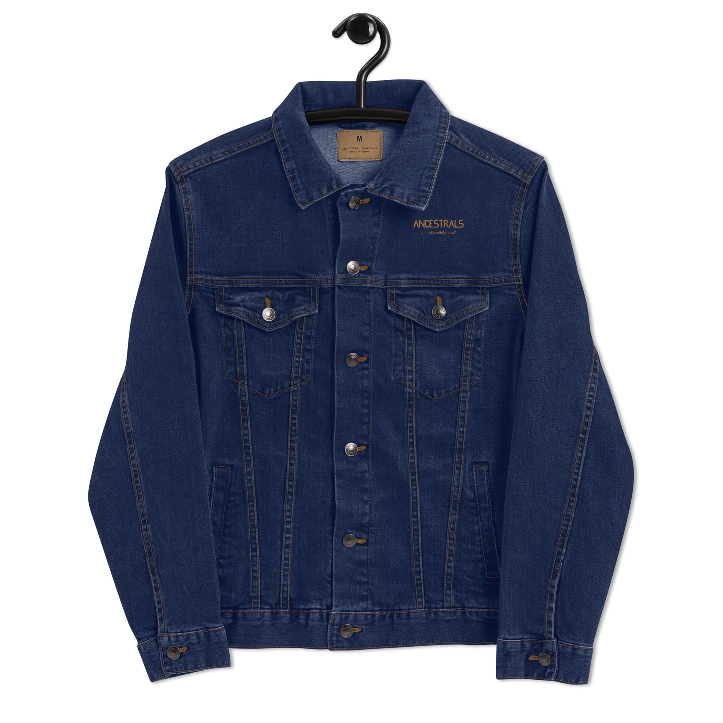 Chaqueta denim unisex "Ancestrals, texto oro viejo"