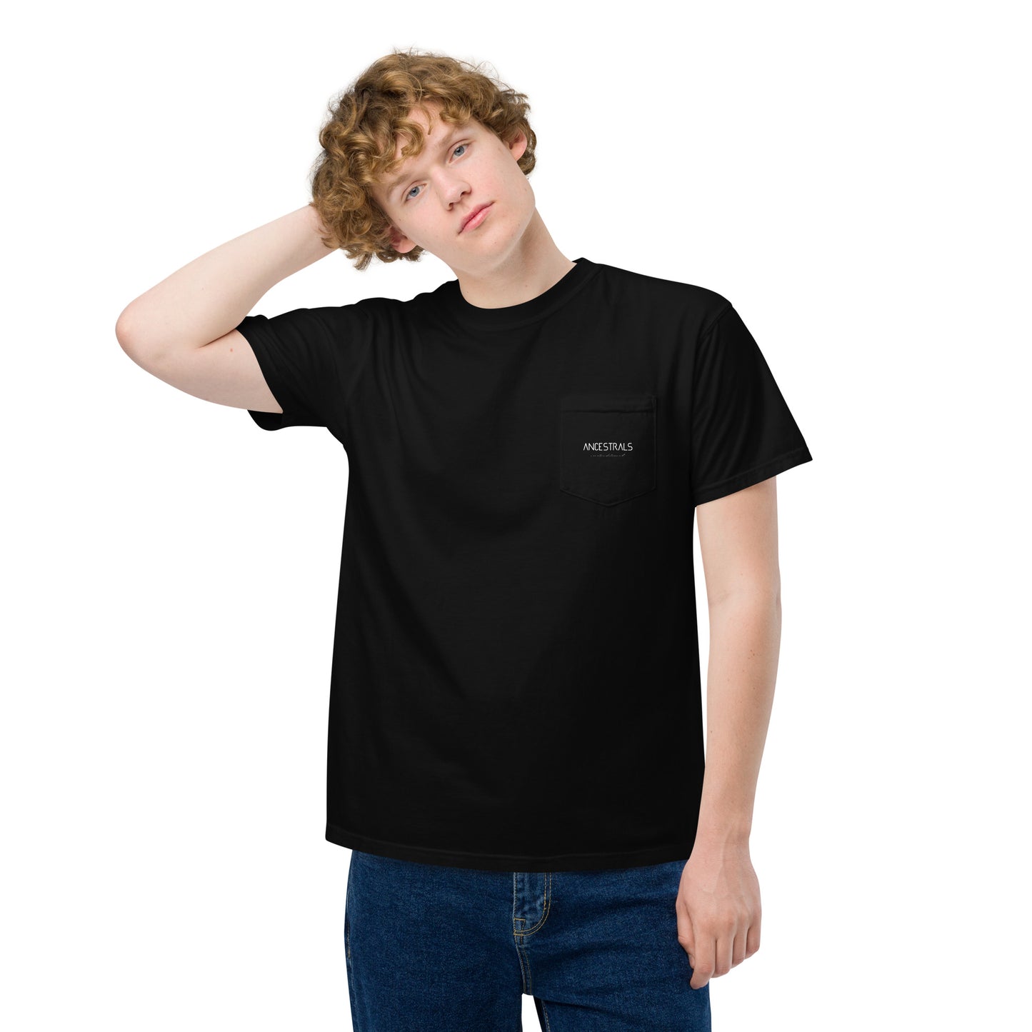 "Ancestrals, black and white text" unisex dyed pocket t-shirt