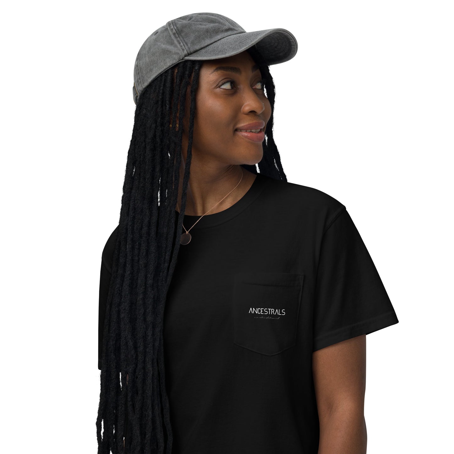 "Ancestrals, black and white text" unisex dyed pocket t-shirt