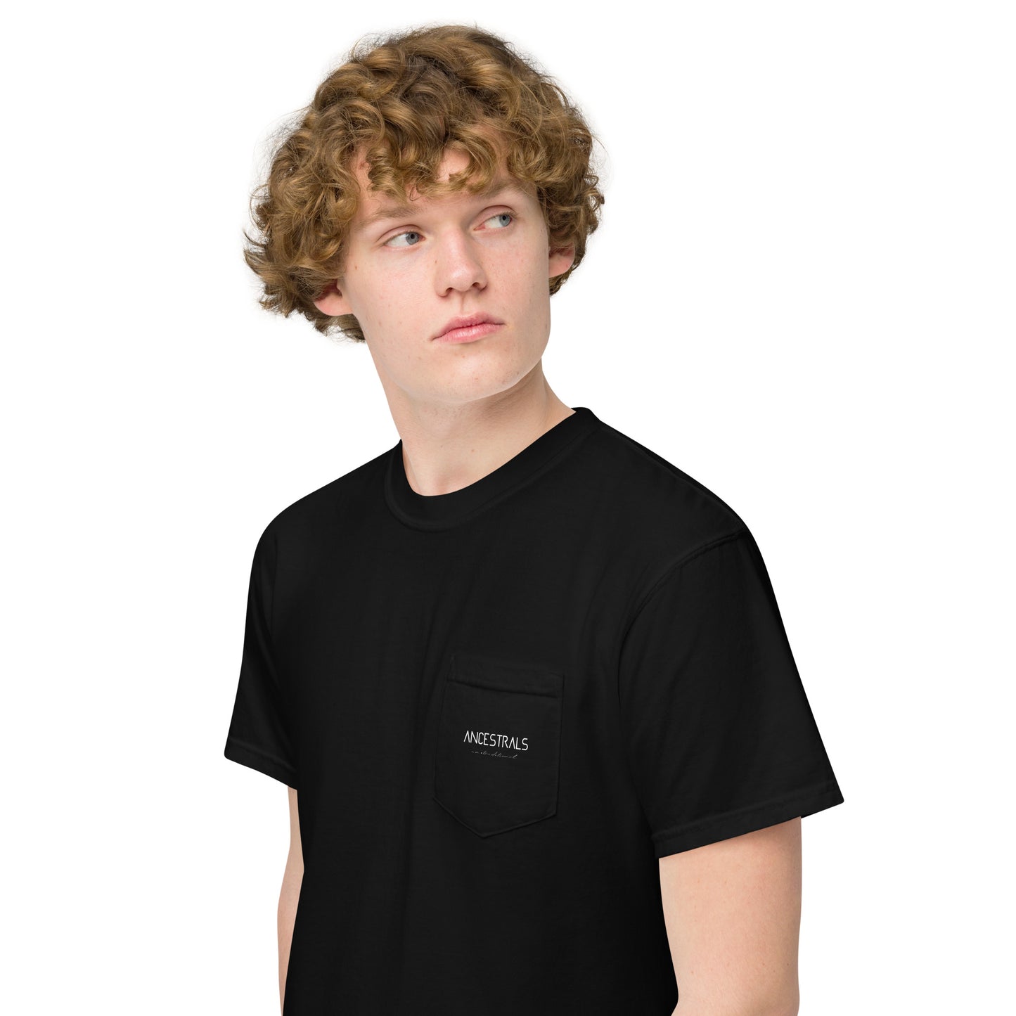 "Ancestrals, black and white text" unisex dyed pocket t-shirt