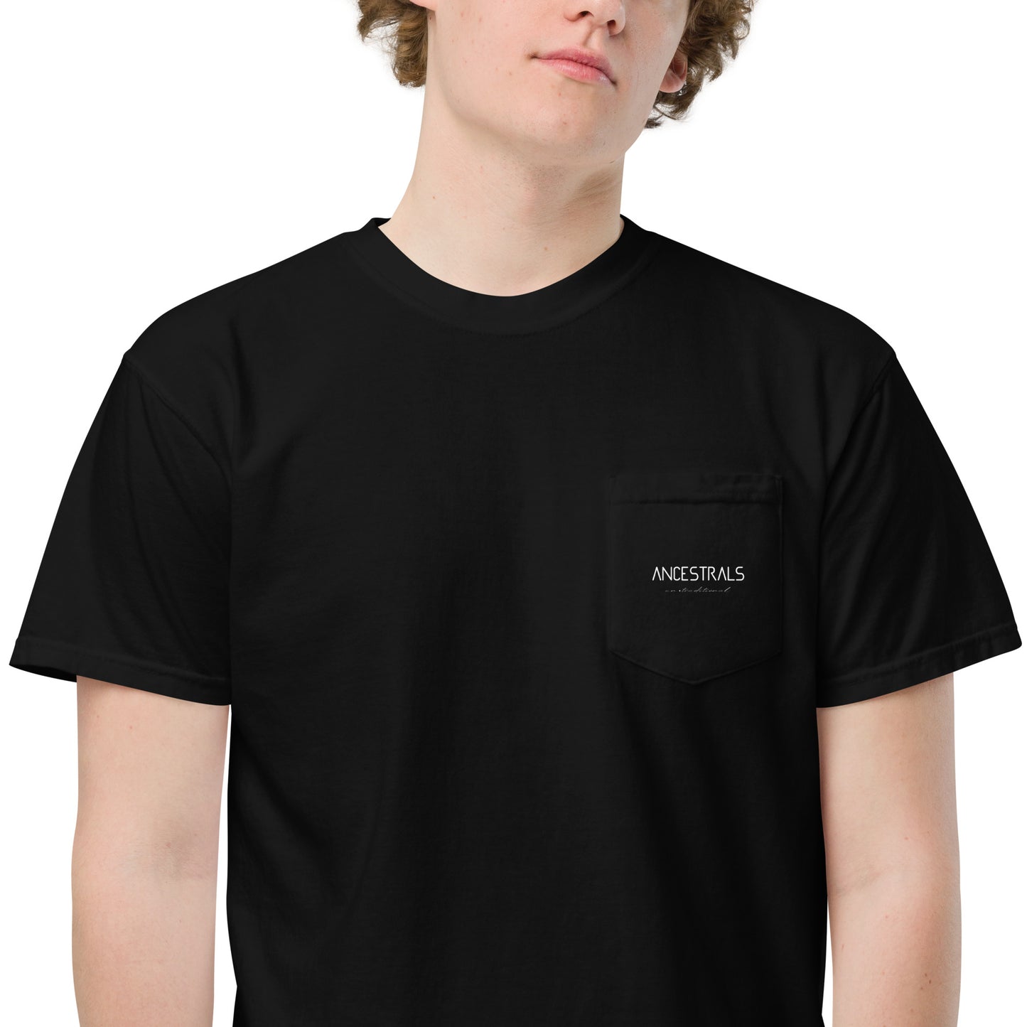 "Ancestrals, black and white text" unisex dyed pocket t-shirt