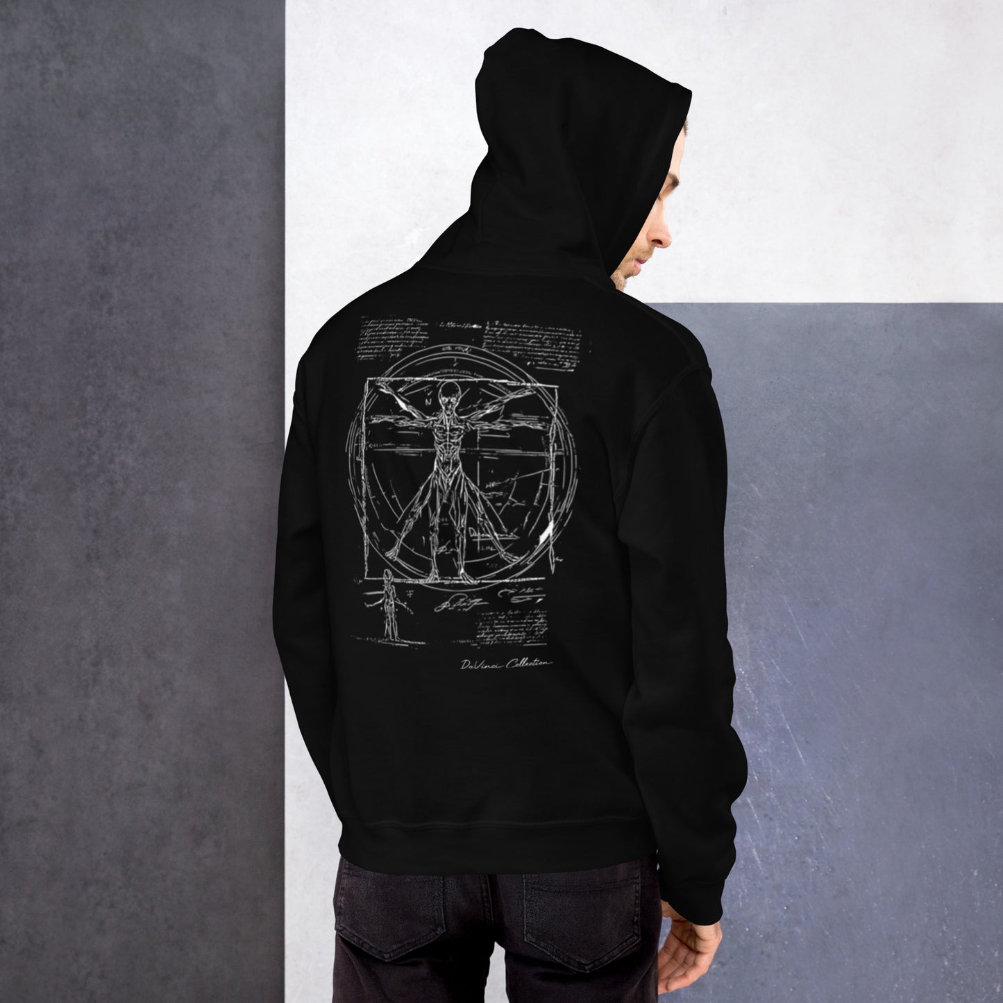 Sudadera con capucha unisex "alien de vitruvio, linea negra"