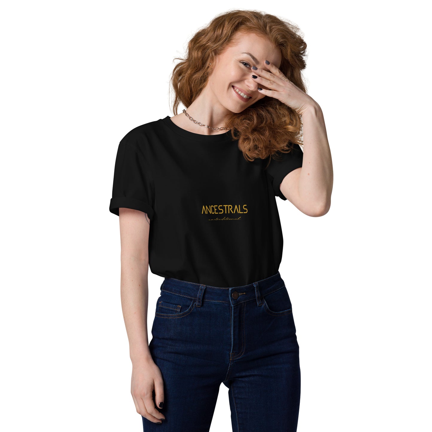 Camiseta de algodón orgánico unisex "Ancestrals, texto oro viejo"