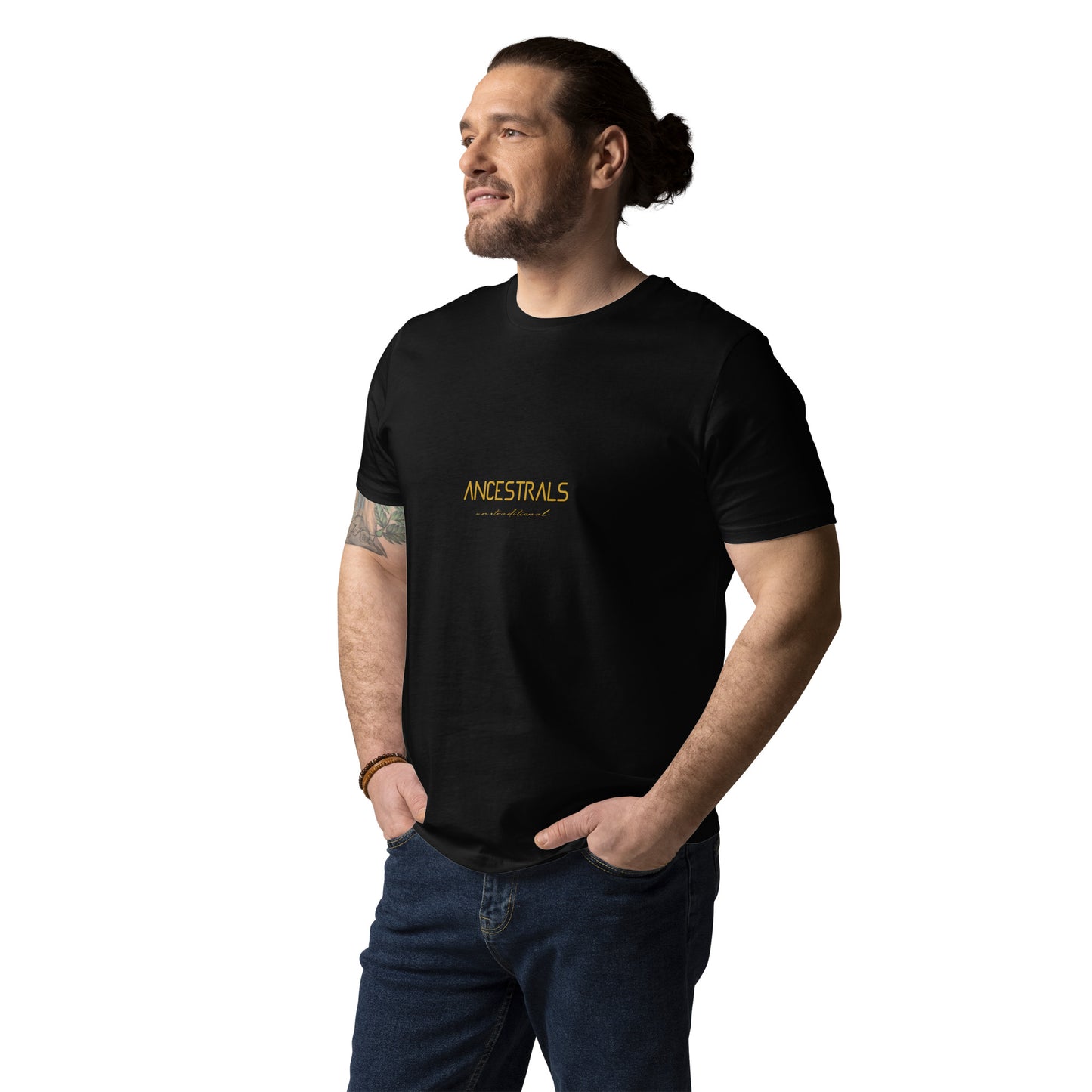 Camiseta de algodón orgánico unisex "Ancestrals, texto oro viejo"