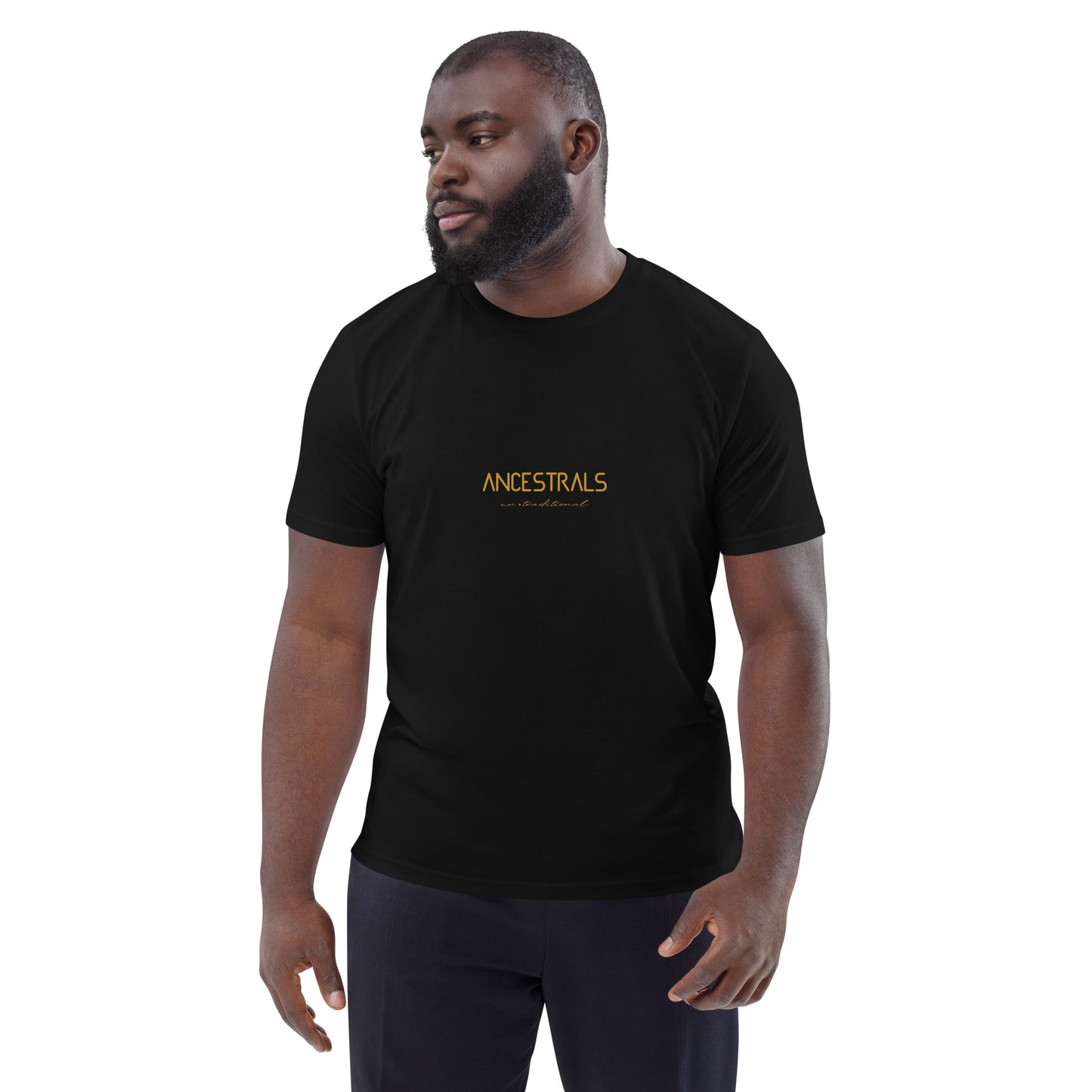 Camiseta de algodón orgánico unisex "Ancestrals, texto oro viejo"