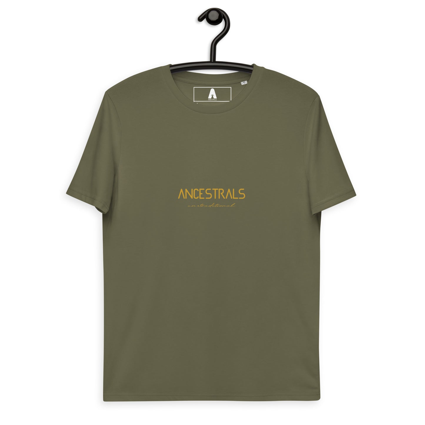 Camiseta de algodón orgánico unisex "Ancestrals, texto oro viejo"