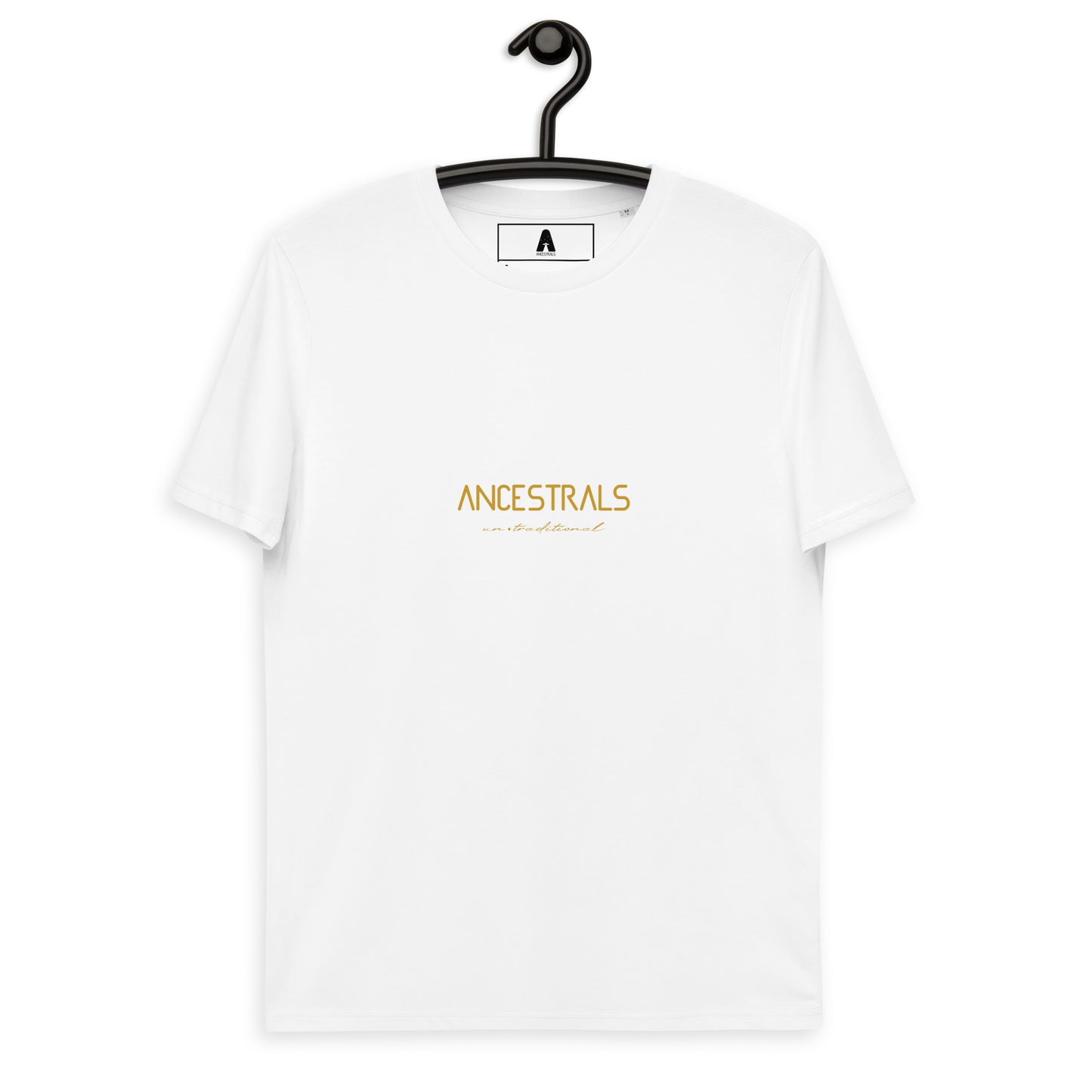 Camiseta de algodón orgánico unisex "Ancestrals, texto oro viejo"