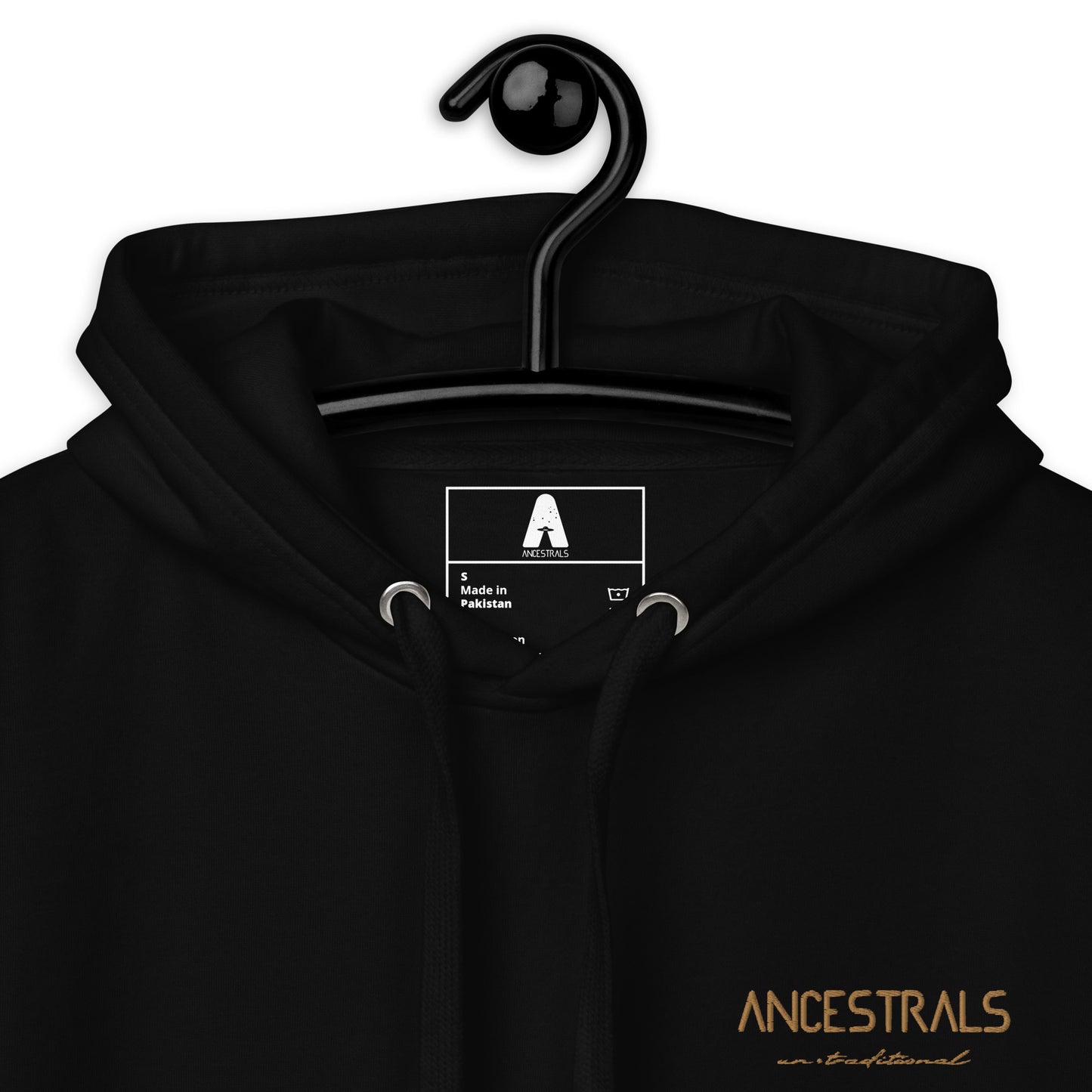 Sudadera con capucha unisex "Ancestrals, texto oro viejo"