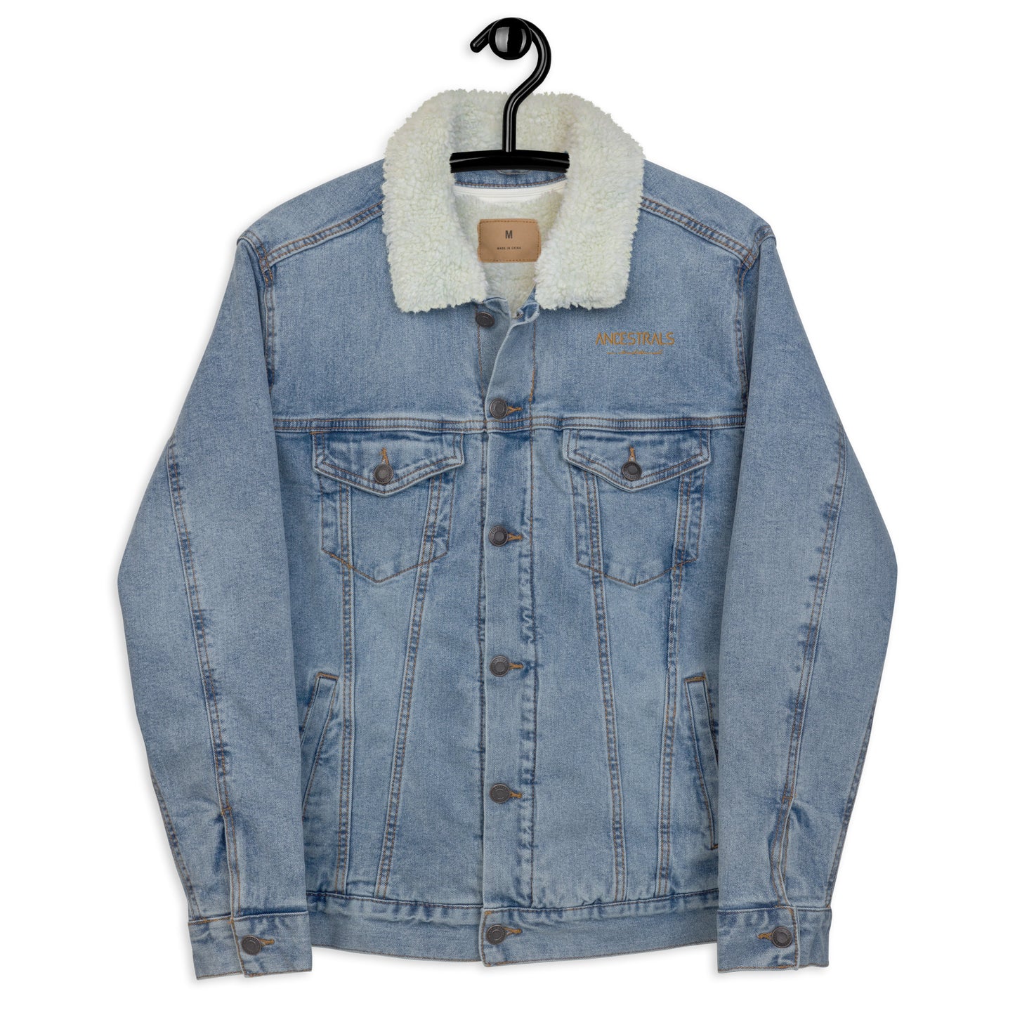 Ancestrals Unisex Shearling Denim Jacket "Old Gold Text"